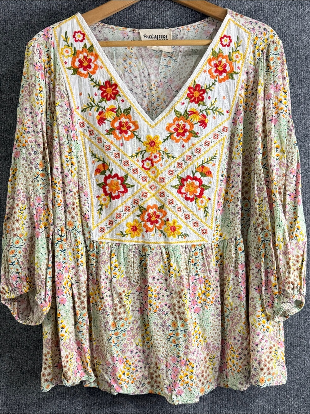 Savanna Jane Womens 2X Boho Embroidered Ditsy Floral V-Neck Babydoll Tunic Top